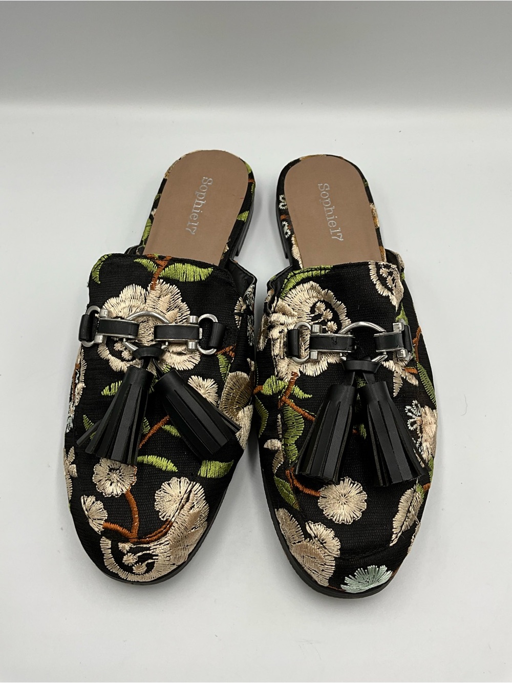 Sophie17 Mules Size 8 Black Floral Embroidered Tassel Slide on Mules
